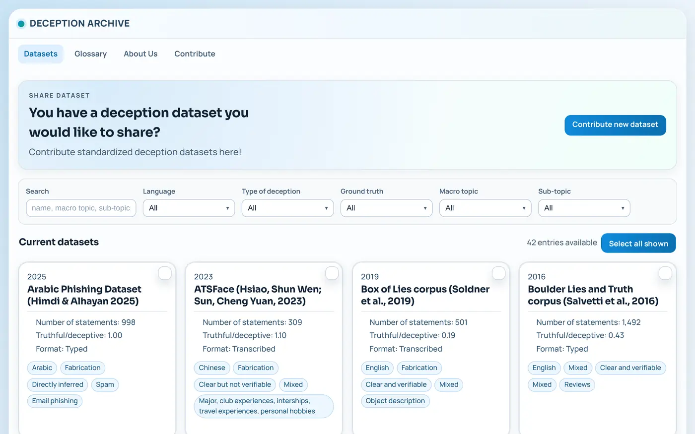 Screenshot of the Deception Archive listing standardised verbal deception datasets with filters for language, type of deception and ground truth