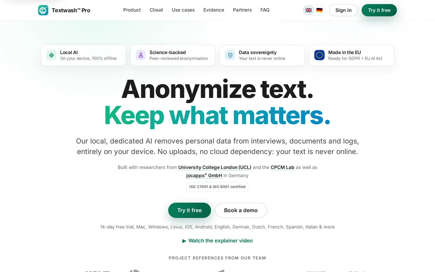Screenshot of the Textwash website: Anonymize text. Keep what matters.